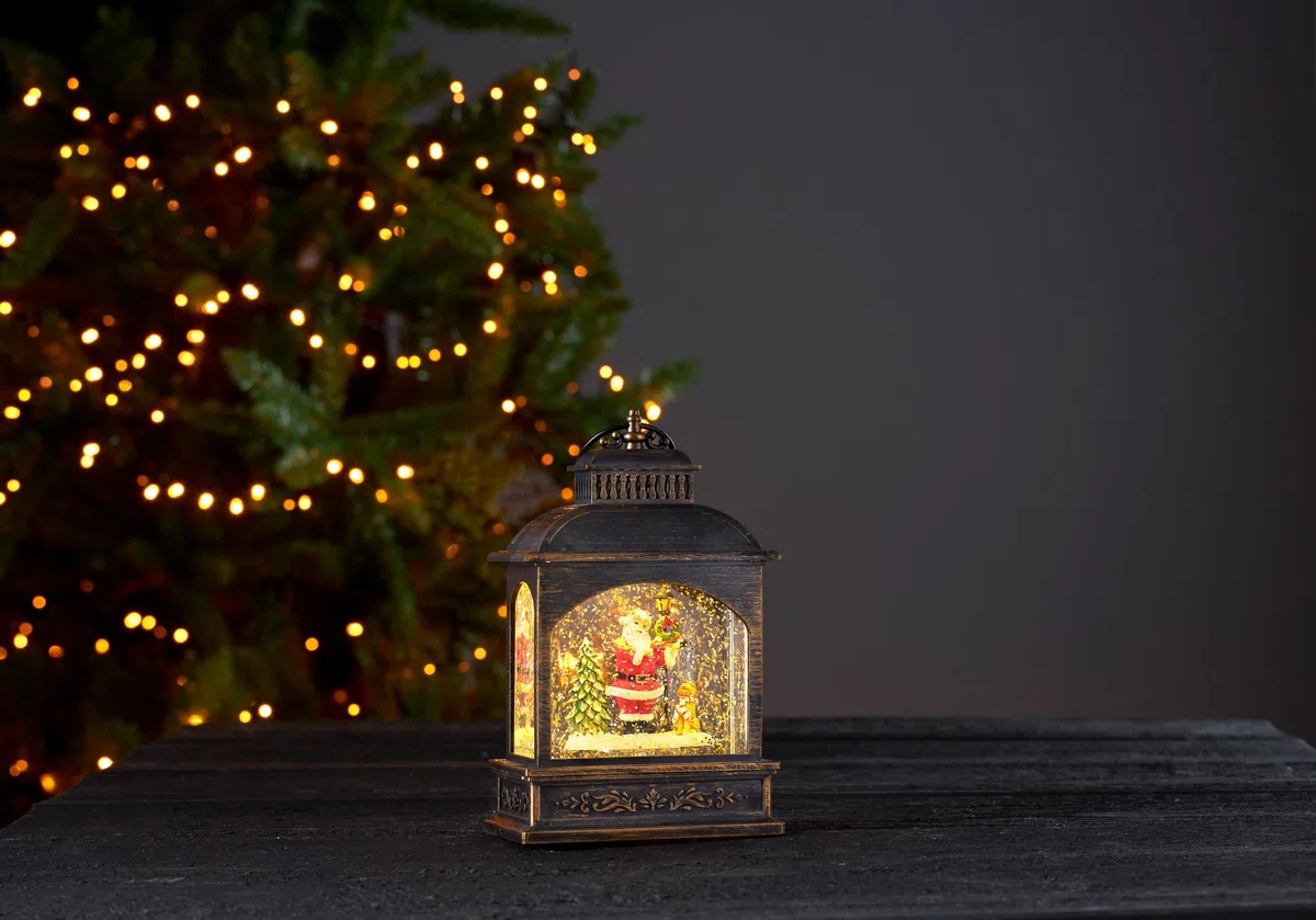 EGLO LED Weihnachtslaterne mit Schneegestöber, beleuchtete Vintage-Schneekugel mit Weihnachtsmann, Fensterdeko für Weihnachten mit Timer, Kunststoff in Bronze