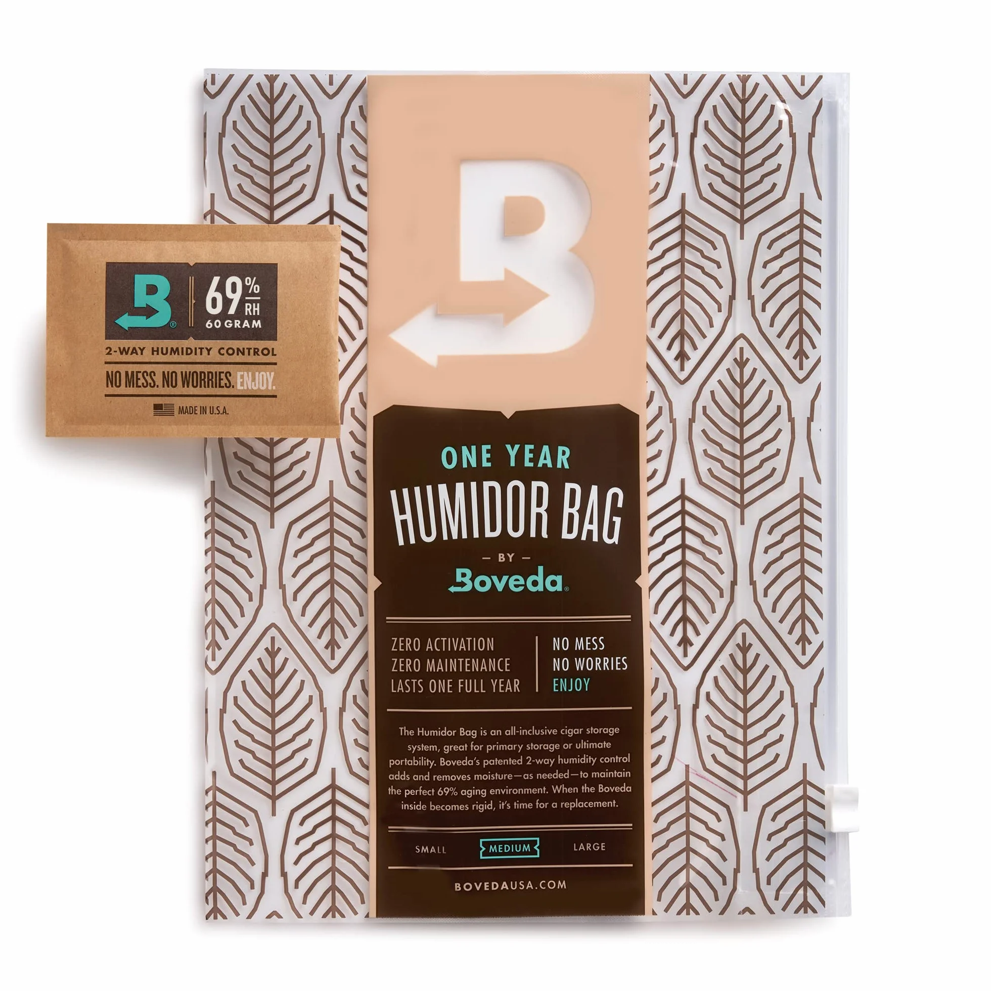 Boveda für Zigarren | Mittelgroßer Humidorbeutel | mit 2-Wege-Feuchtigkeitsregulierung mit 69% relativer Feuchtigkeit | Zigarrenlagerung für 10-15 Zigarren | 1 Stück