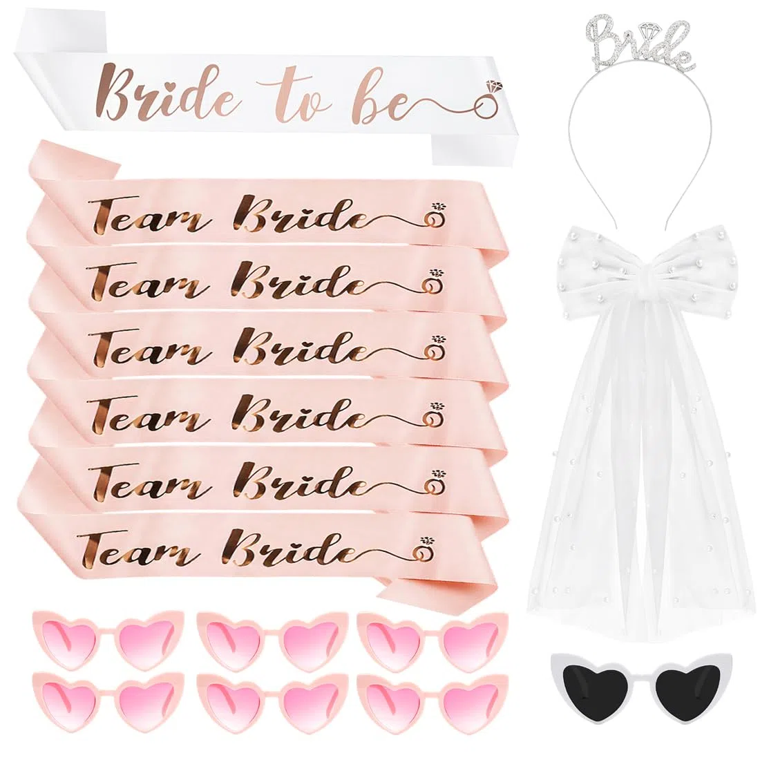 16 Stück JGA Accessoires Frauen, 7 Herz Sonnenbrillen + 1 Bride to be Schärpe + 6 Team Bride Schärpe + 1 Schleier JGA + 1 Bride Haarreif, Bachelorette Party Accessories