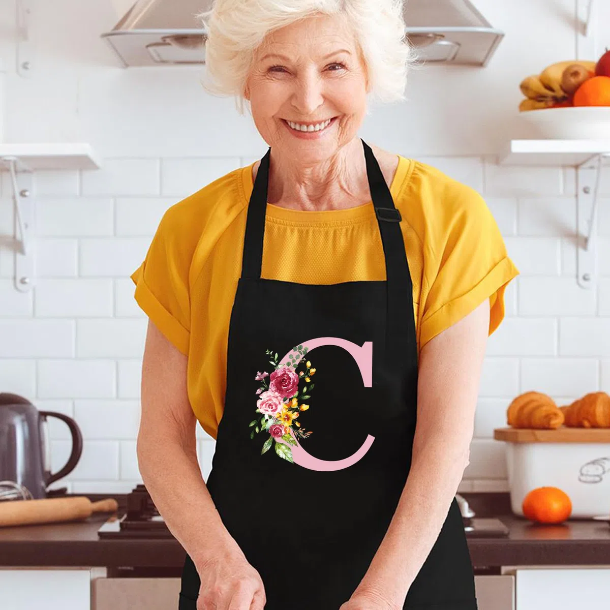 Personalisierte Initialen Schürzen Damen, Kochschürze Baumwolle Verstellbare Küchenschürze mit Taschen zum Kochen, Backen, Geschenk für Frauen Mama Oma Freundin zum Geburtstag Muttertag Weihnachten B