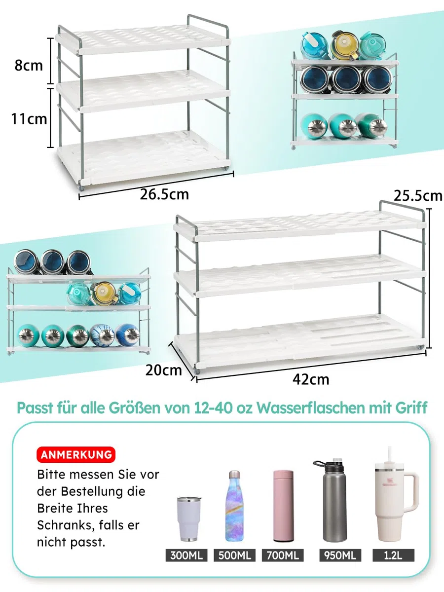 JUPELI Flaschen Organizer verstellbar – Flaschenhalter & Flaschenregal für Wasserflaschen, Thermosflaschen –Weinregale, Flaschenaufbewahrung für Kühlschrank, Küche & Schrank