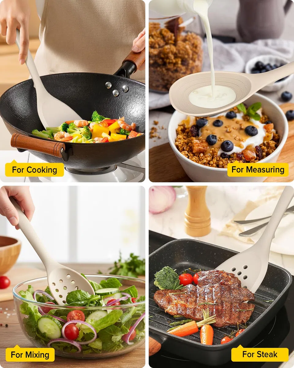 Packung von 4 Silikon Kochgeräte Set, Non-Stick-Festspalten und hitzebeständige Schlitzlöffel mit Rücken Haken, Ideale BPA-freie Küchenutensilien Set für Braten, Servieren, Drehen, Rühren(KHAKI)