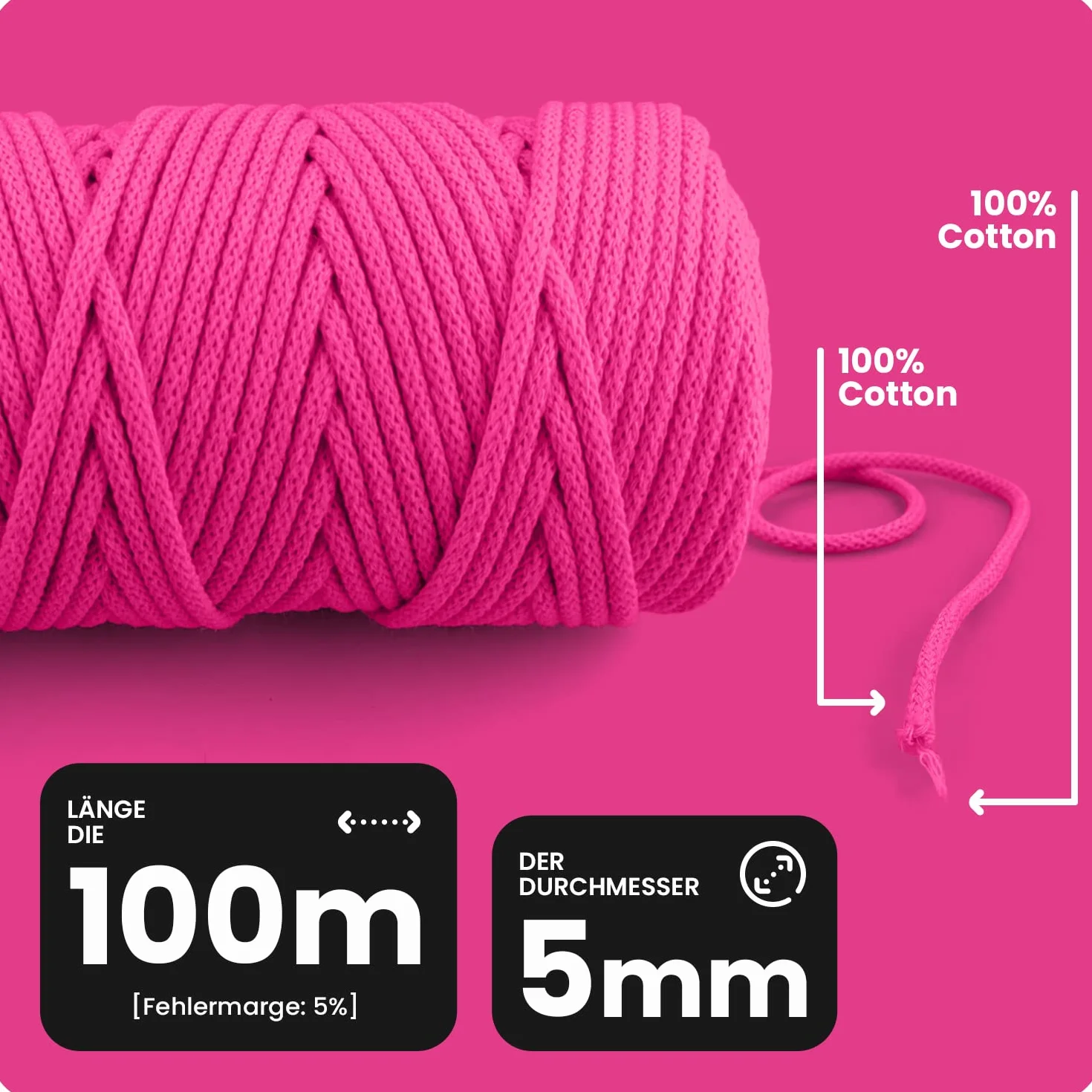 Netuno 1x Makramee Garn Elfenbein 5 mm 100 m Makramee Kordel Baumwolle mit Baumwollkern Baumwollkordel Schnur Bastelgarn farbig für Dekoration Wandbehang Blumenampel Cotton Cord Macrame