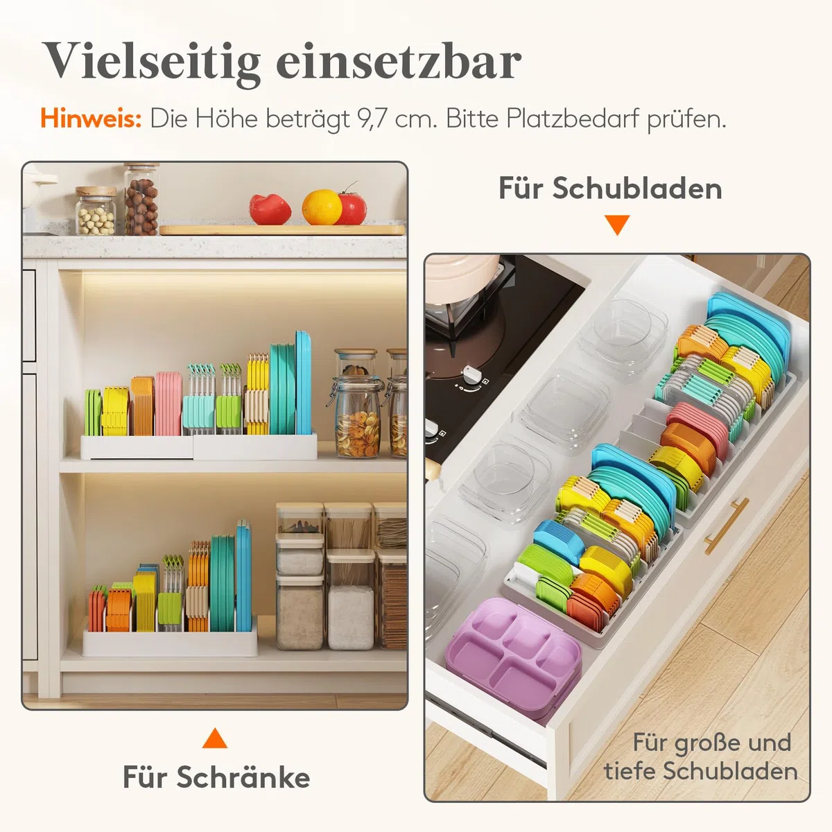 Lifewit Deckelhalter erweiterbar von 25-44 cm, Deckel Organizer aus Kunststoff, Schubladen Organizer Küche für Frischhaltedosendeckel, Aufbewahrungsbox für Deckel mit 8 verstellbaren Trennwänden, Weiß