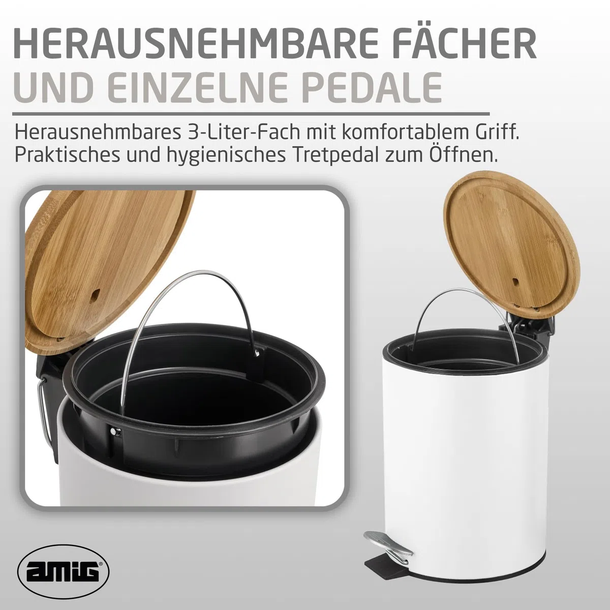 Amig - Kosmetikeimer mit Pedal 3L Naturline - Weiß und Bambus - Hygienische Öffnung - Ø16,8 x 23 cm - Lackierter Edelstahl - Runder Badeimer Mülleimer mit Deckel