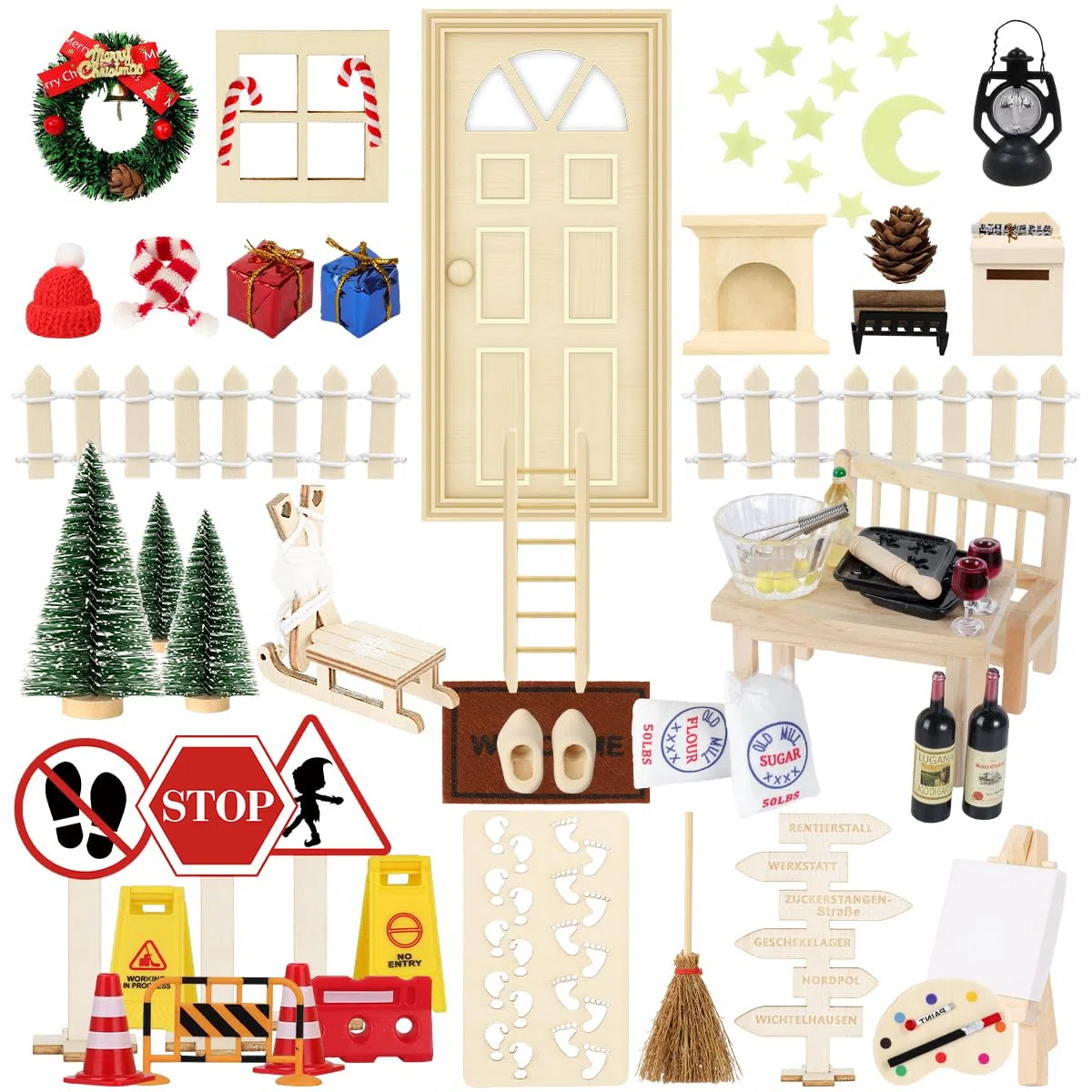 75Pcs Wichtel Zubehör mit Briefe Weihnachten Wichteltür Komplettset, Elfentür Beleuchtet Miniatur Wichtel Baustelle Kamin Staffelei Backset, Wichtelhaus Feentür Zum öffnen adventskalender DIY