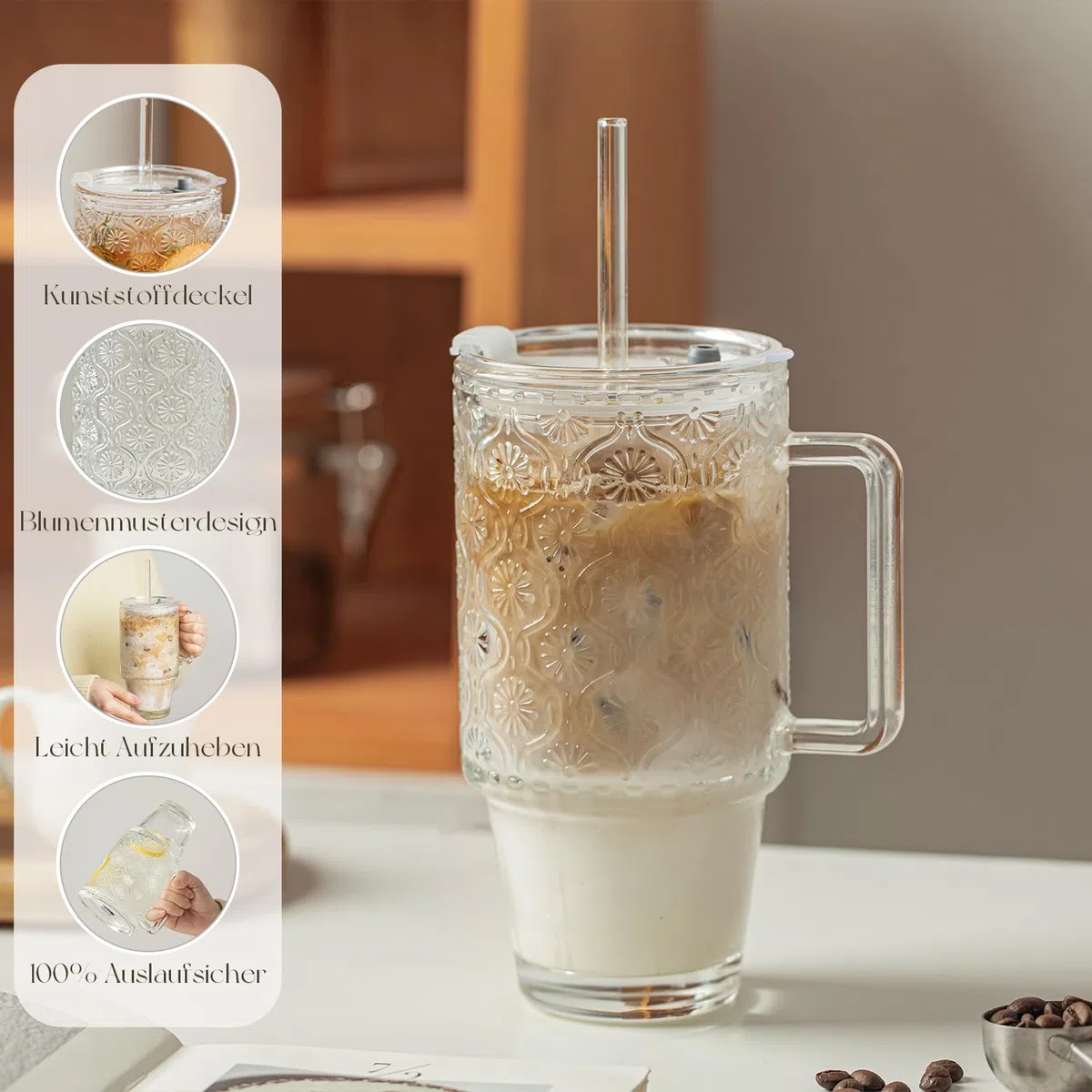 KEMORELA 2er-Set 710ml Premium Rillengläser mit Deckel & Strohhalm - Kaffeebecher, Saftgläser, Smoothiegläser & Wassergläser mit extra weitem Rand, bleifrei und spülmaschinengeeignet