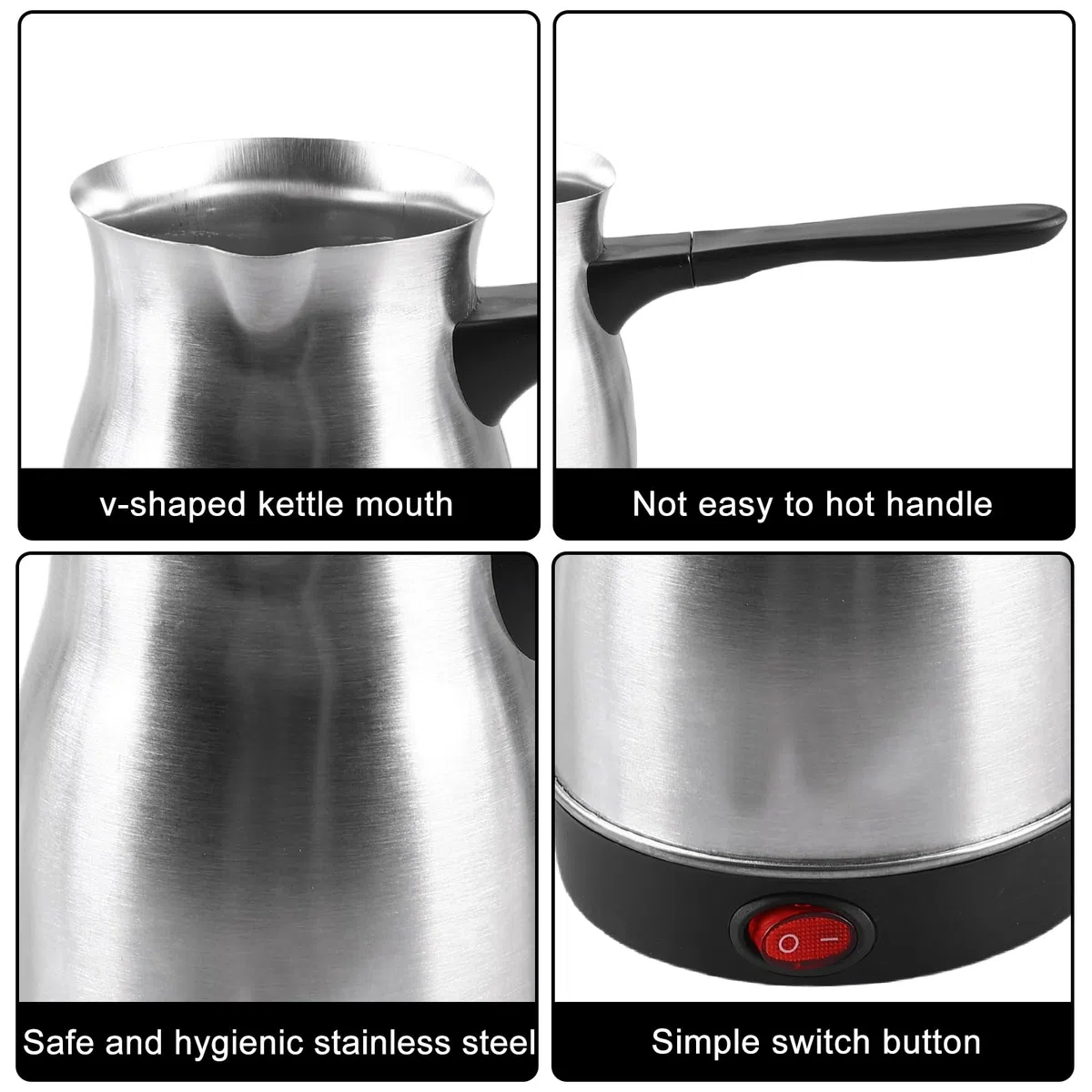 Elektrische Türkische Kaffeekanne, 800ML 800W Türkische Kaffeemaschine mit Griff, Edelstahl Kaffeekessel, Mokkakanne, Mehrzweck-Schnellkessel Kaffeekocher für Zuhause,Büro,Mocca & Tee,Reisen (Silber)