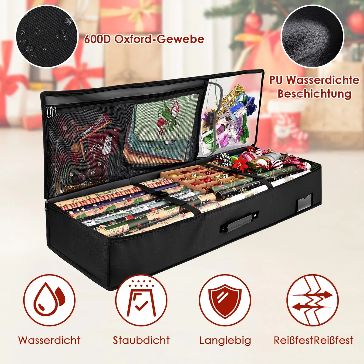 Geschenkpapier Aufbewahrung,Groß Geschenkpapier Organizer 95x35x16 cm,Wasserdichtes 600D Oxford Gewebe Geschenkpapier Aufbewahrung Organizer, Aufbewahrung Geschenkpapierrollen mit Fächern (Schwarz)