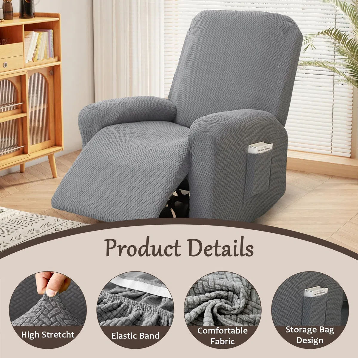 4-teilige Recliner Sofabezug, Stretchhusse für Relaxsessel Komplett Sesselschoner, All-Inclusive Sesselbezug, Stretch Sessel Überzug mit Taschen, Stretch Ruhesessel Bezug Mit Elastischem (Light gray)
