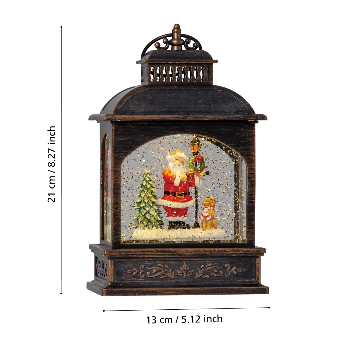 EGLO LED Weihnachtslaterne mit Schneegestöber, beleuchtete Vintage-Schneekugel mit Weihnachtsmann, Fensterdeko für Weihnachten mit Timer, Kunststoff in Bronze