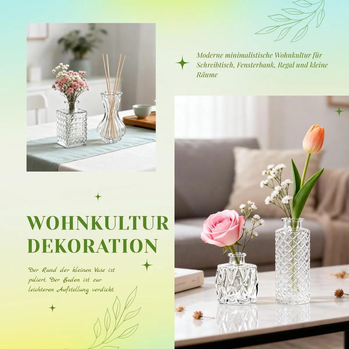 Der Rose Blumenvase Set, 12 Stück kleine Vasen für Tischdeko, mit elegantem Ätzmuster, ideal für Hochzeitsdeko und Party Deko