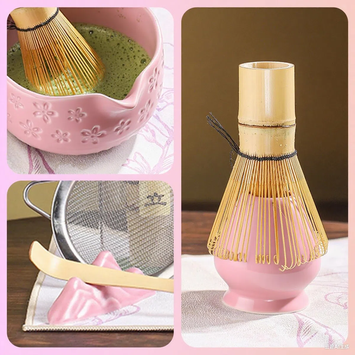 Matcha-Schneebesen-Set, 7-teilig, Matcha-Teeset für die Zubereitung von Latte, japanisches Matcha-Set mit traditionellem Chasen für authentische Teezeremonie (Rosa, 7PCS)