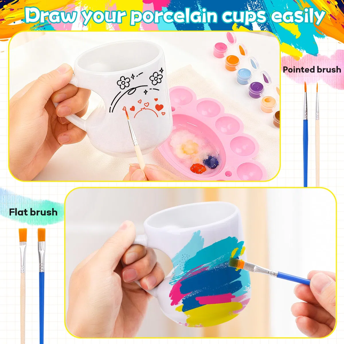 Yaunming Keramik Bemalen Set Tassen Bemalen Set Diy Set Erwachsene, EnthäLt 2 HerzföRmige Keramikbecher, 12 Bleifreie Farben, 8 Professionelle Pinsel, Basteln für Erwachsene
