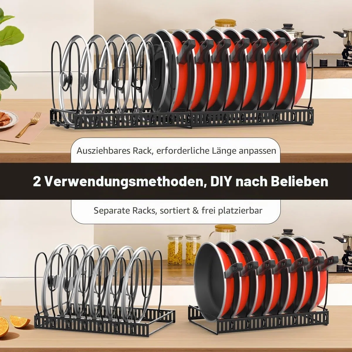 Housolution Pfannenhalter für Schublade, Erweiterbarer Topfdeckelhalter mit 14 Verstellbaren Teiler, Topfdeckel Aufbewahrung Pfannen Organizer Deckelhalter für Küche, Schwarz