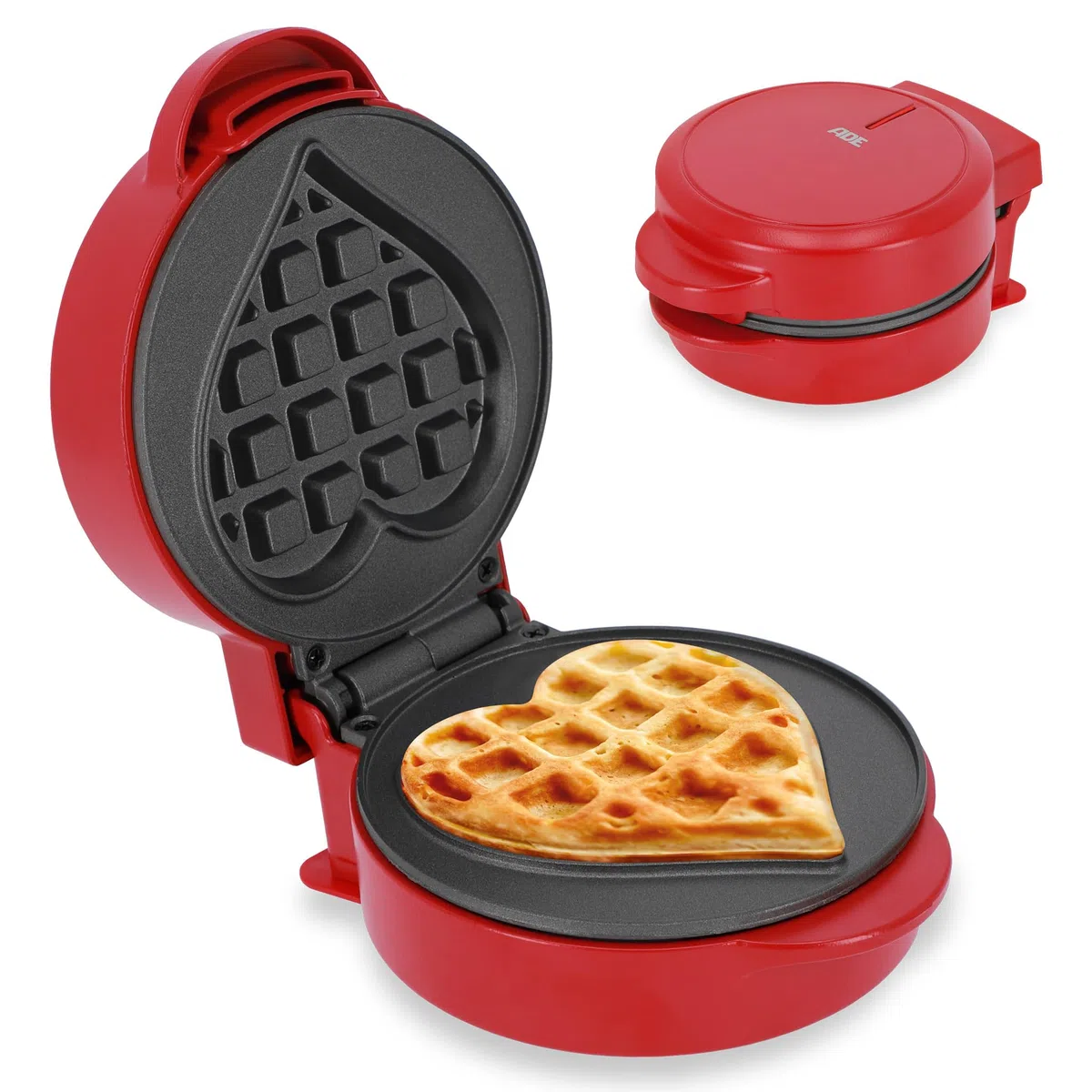 ADE Mini Waffeleisen Herzform | kleines Waffeleisen für 1 Person | Antihaftbeschichtung | 550 Watt | ideal für Geburtstag & Frühstück | rot