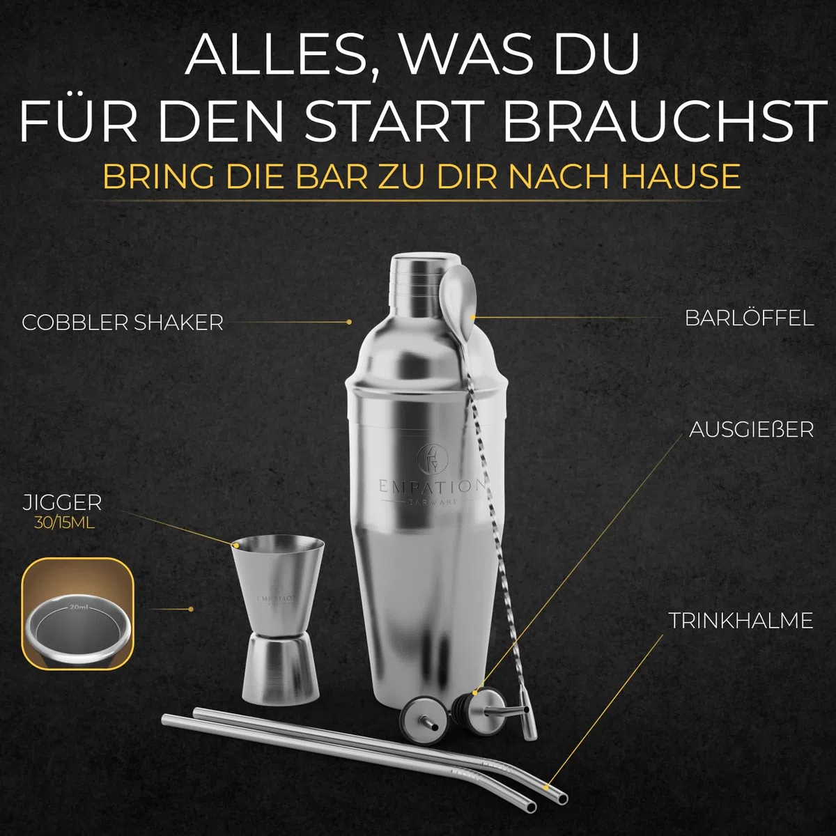 EMPATION Cocktail Shaker, 7-teiliges Cocktail Set - 700 ml Cobbler Shaker aus Edelstahl, minimalistisches Cocktail Zubehör, Bar Set für Anfänger & Profis, Cocktailshaker Set als Präsent geeignet