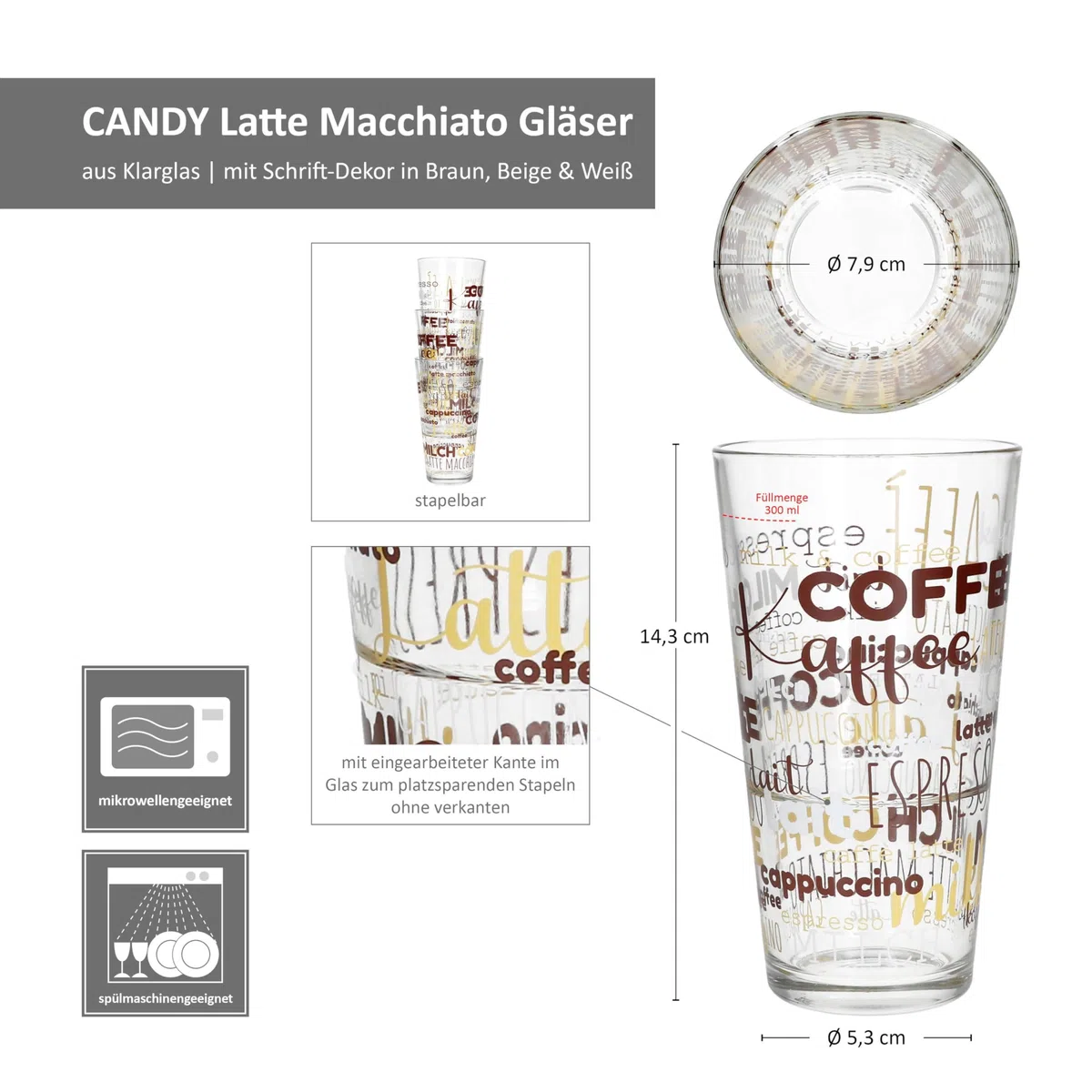 MamboCat 6er Set Candy Latte Macchiato Gläser mit Schrift-Dekor I 380 ml I stapelbare Kaffee-Gläser für EIS-Kaffee, Cafe au Lait, Frappé & Co.