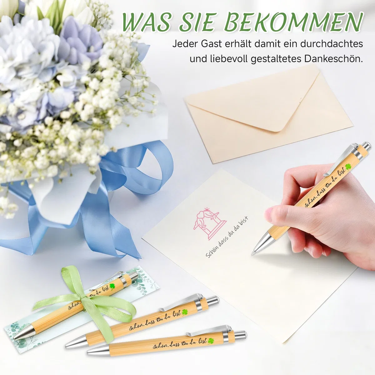 Okoss 30 Stück Schön dass du da bist Holz Kugelschreiber mit Eukalyptus Karte, Stifte Gastgeschenke Hochzeit Taufe Kommunion Konfirmation Geburtstag Abschied Abschluss Dankeschön Geschenk
