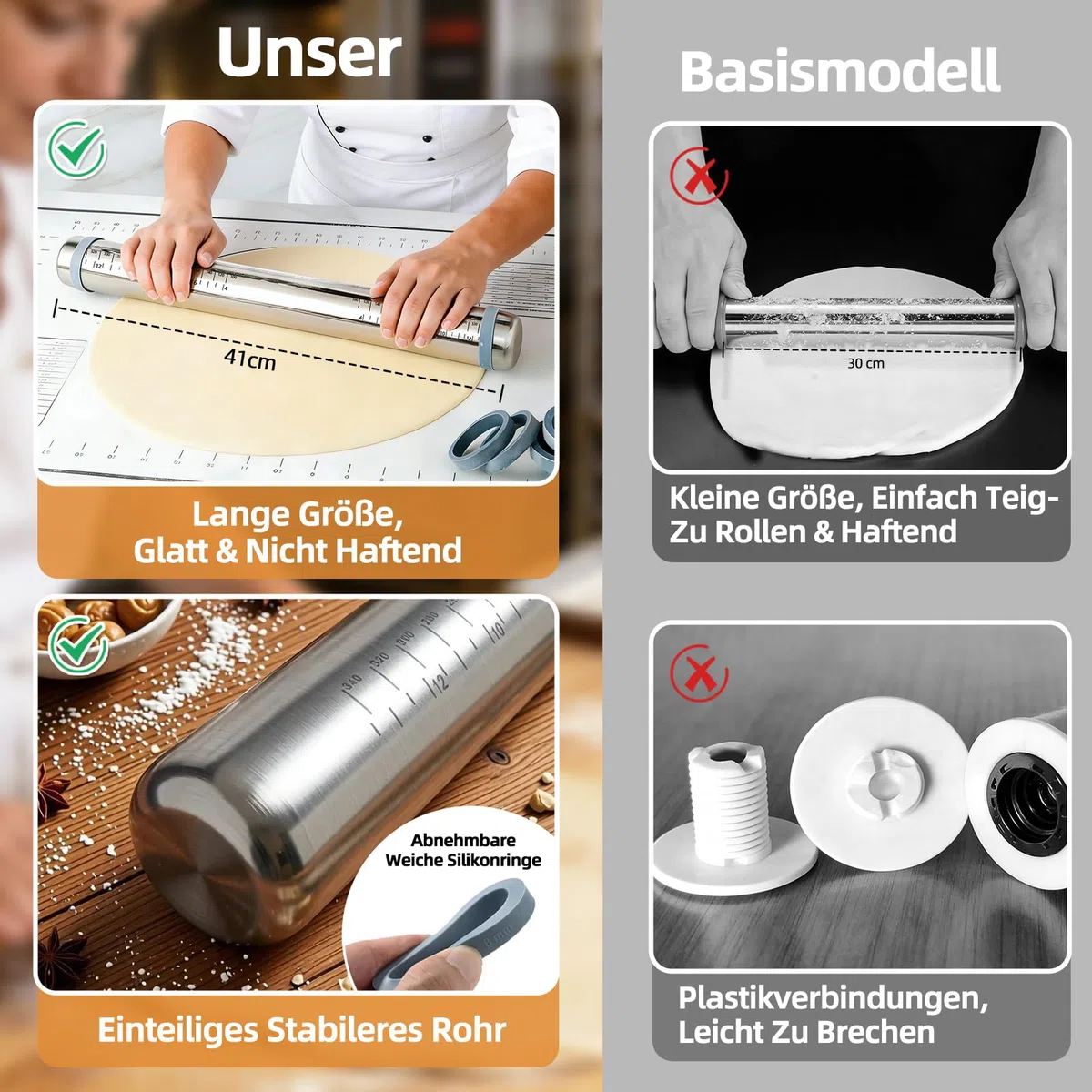 Nudelholz Edelstahl Verstellbar, Teigroller mit Abstandshalter 4 Dickenstufen, Antihaft Rostschutz - 42cm mit Silikon Teigunterlage & Teigspachtel, alle mit Messmarkierung - Für Pizza, Gebäck, Kuchen