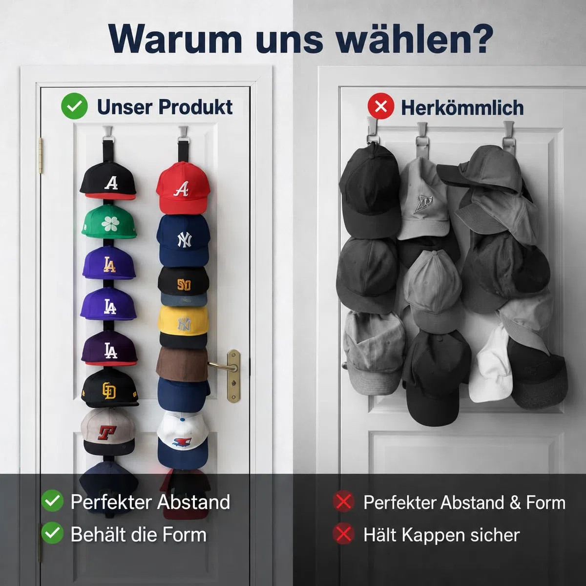 QUELIEN Cap Halter für Tür, Baseballkappen Organizer zum Aufhängen über der Tür, verstellbarer Kappenhalter ohne Bohren mit Display Haken, Hutablage für Schrank und Schlafzimmer, 1 Stück