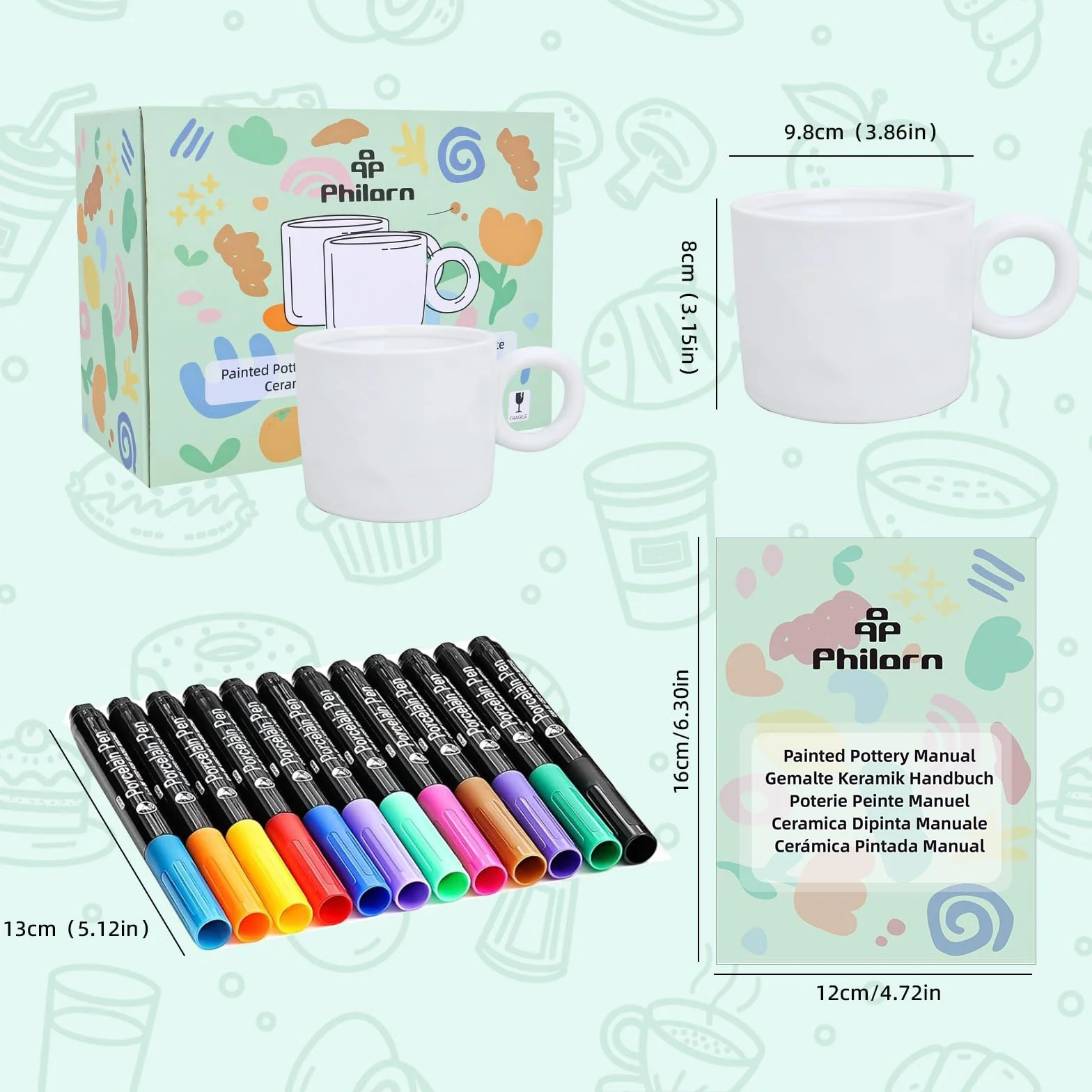 Philorn Keramik Tassen Bemalen Set DIY WeißE Porzellan Tassen Set mit 12 Ungiftige Porzellanstifte und Malinspirationen Kreatives Bastelset Erwachsene DIY Geschenk
