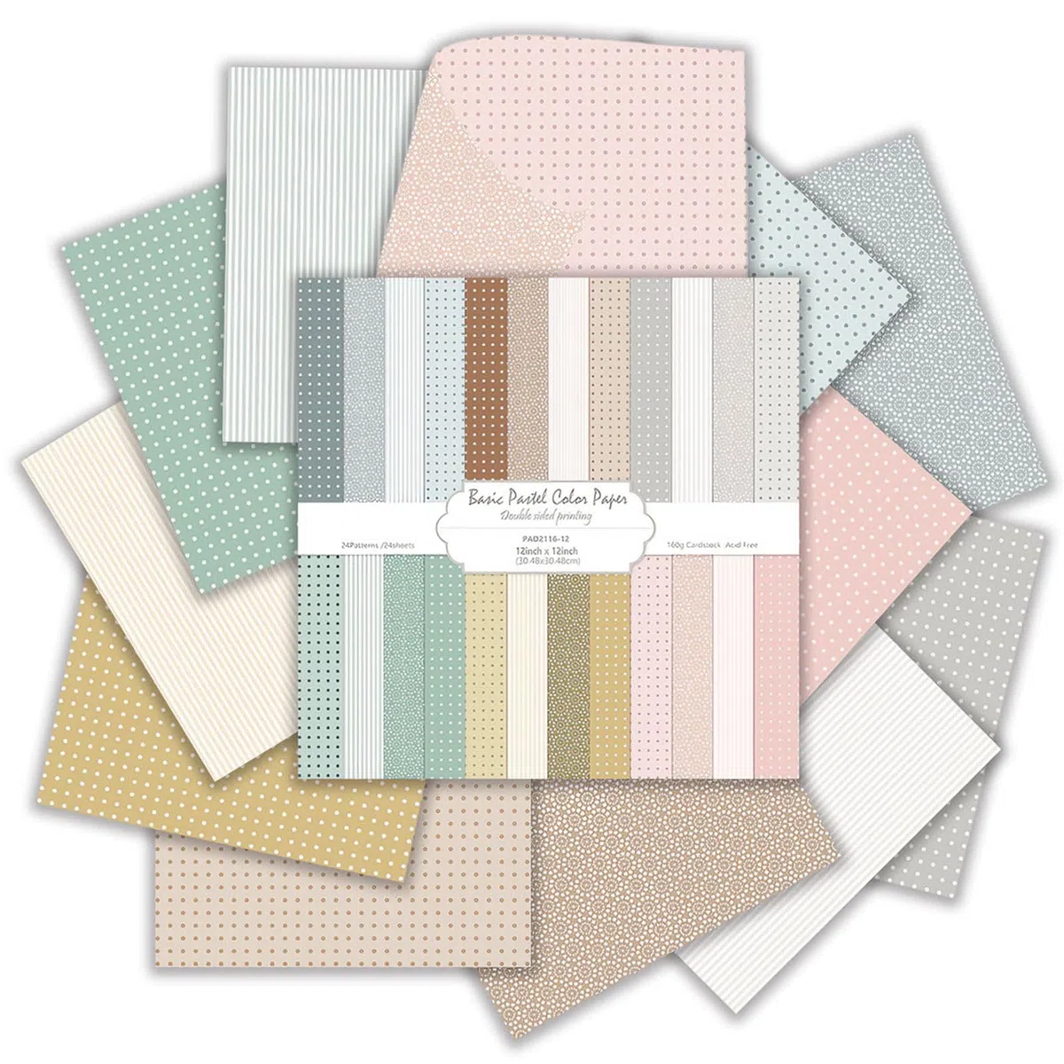 Scrapbook Papier 24 Blatt 160 g/m² Buntes Bastelpapier, 30.5x30.5cm Doppelseitiges Motivpapier, Decoupage Papier zum Basteln für DIY Kartenherstellung Fotoalbum Journals Dekoration (Basic Pastel)