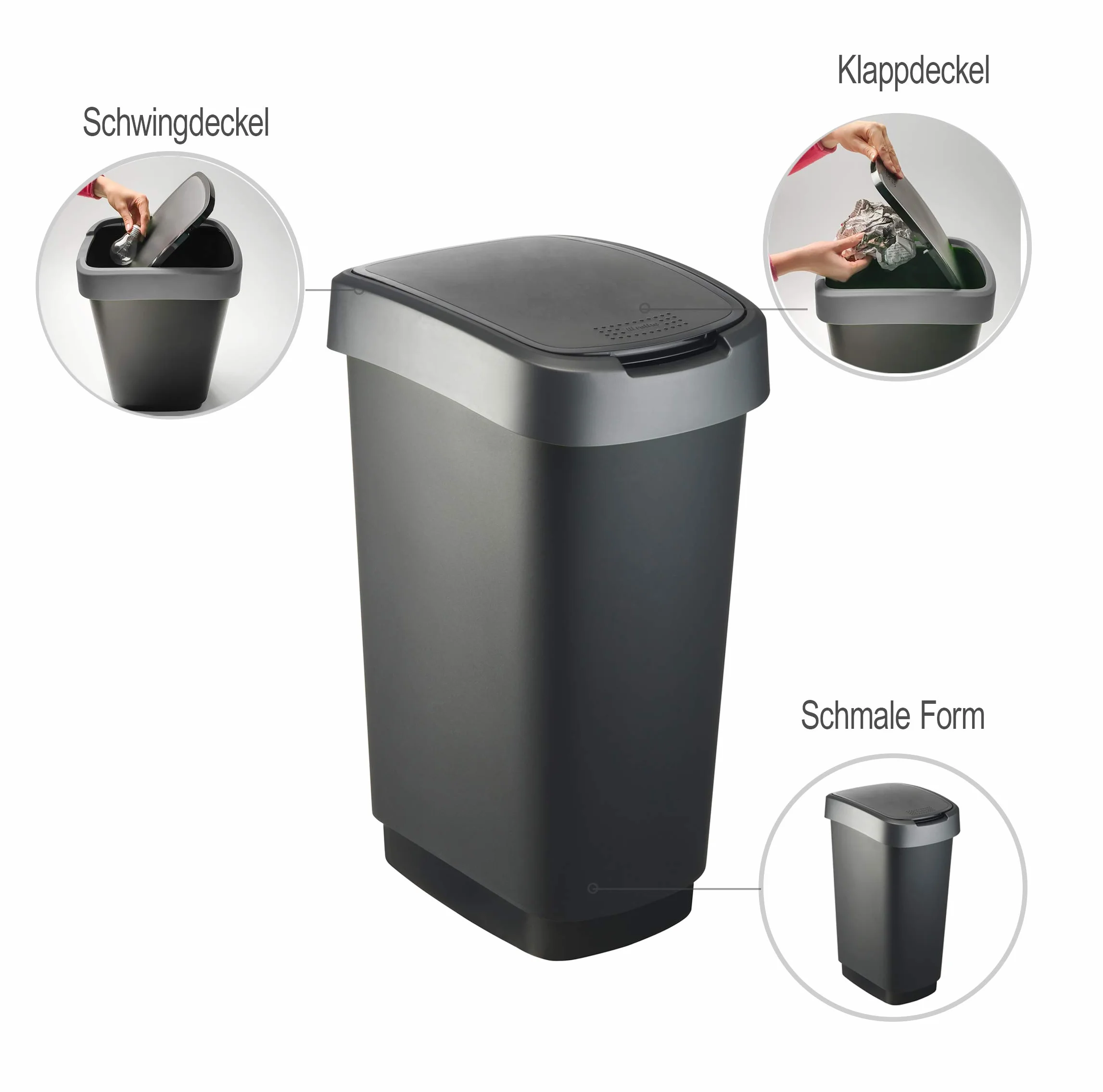 Rotho Twist Mülleimer mit Deckel 50l | Abfalleimer Küche und Recycling Center | mit Schwingdeckel und Klappdeckel | schmal & platzsparend | leicht zu reinigen | silber