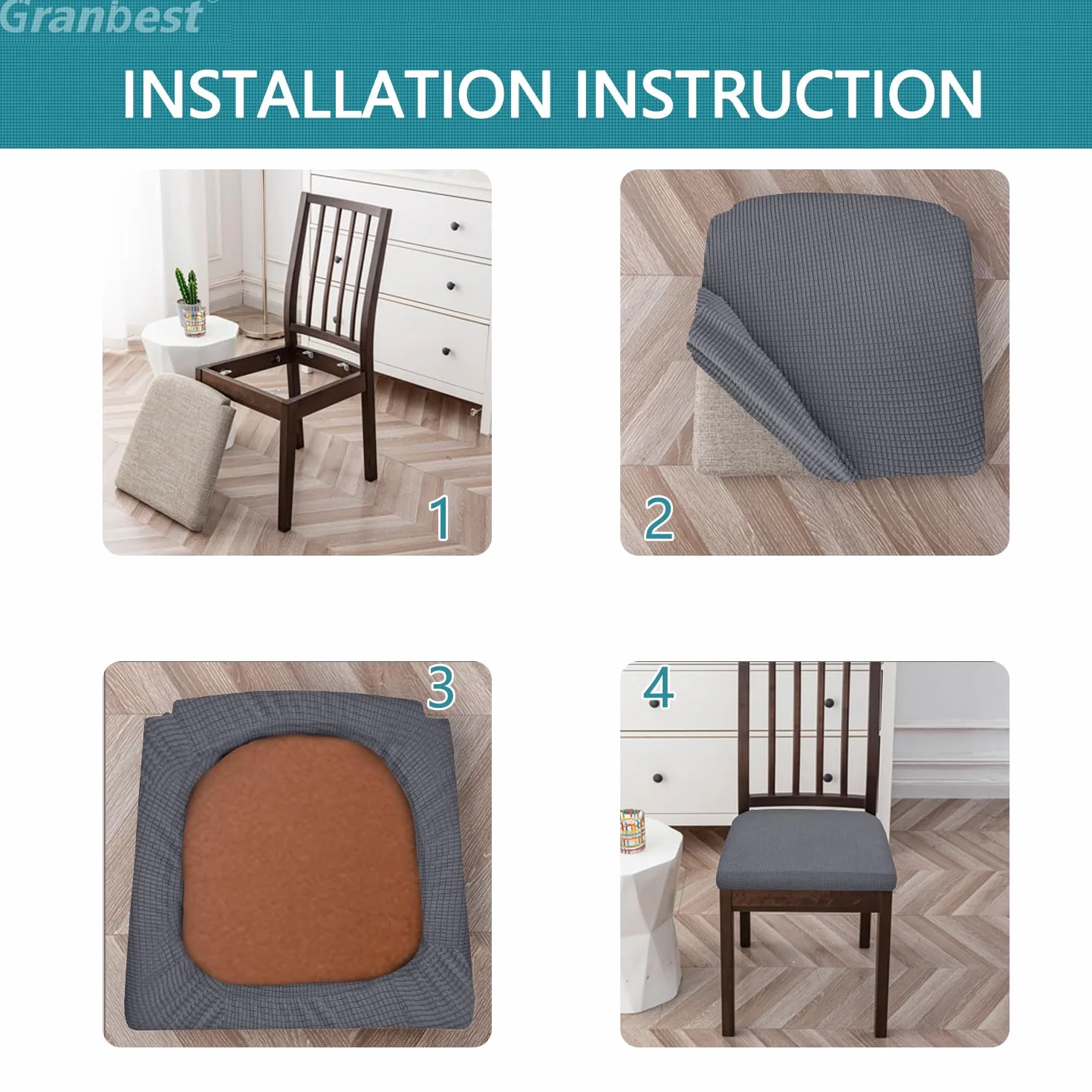 Granbest Stilvolle wasserdichte Esszimmerstuhl Sitzbezüge Set von 4, High Stretch Esszimmerstuhl Sitzkissen Schutzbezüge Waschbarer Sitzschutz für Bankett, Küche, Party, Hotel (4er Set, Grau)
