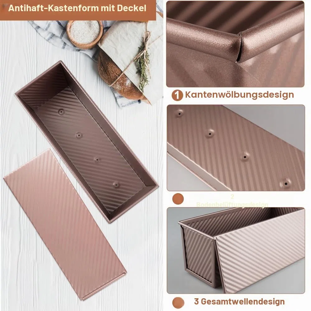 Toastbrot Backform Mit Deckel 1000g Teig Antihaft Kastenform Mit Deckel, Roségold Brotbackform Mit deckel Kohlenstoffstahl Toastbrot backform, zum Backen von Kuchen und Sandwiches im Backofen