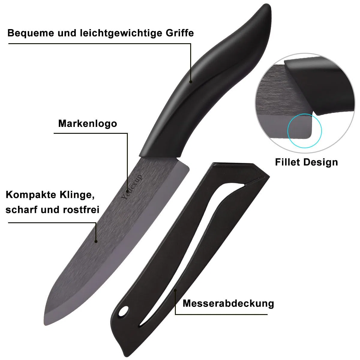 Keramikmesser Set 4 - Sehr scharf Gemüsemesser Gute Handhabung küchenmesser klein, Enthält ein 7.6cm Schälmesser, ein 10cm Obstmesser, ein 12.7cm Universalmesser, ein 15.2cm Kochmesser (Schwarz)