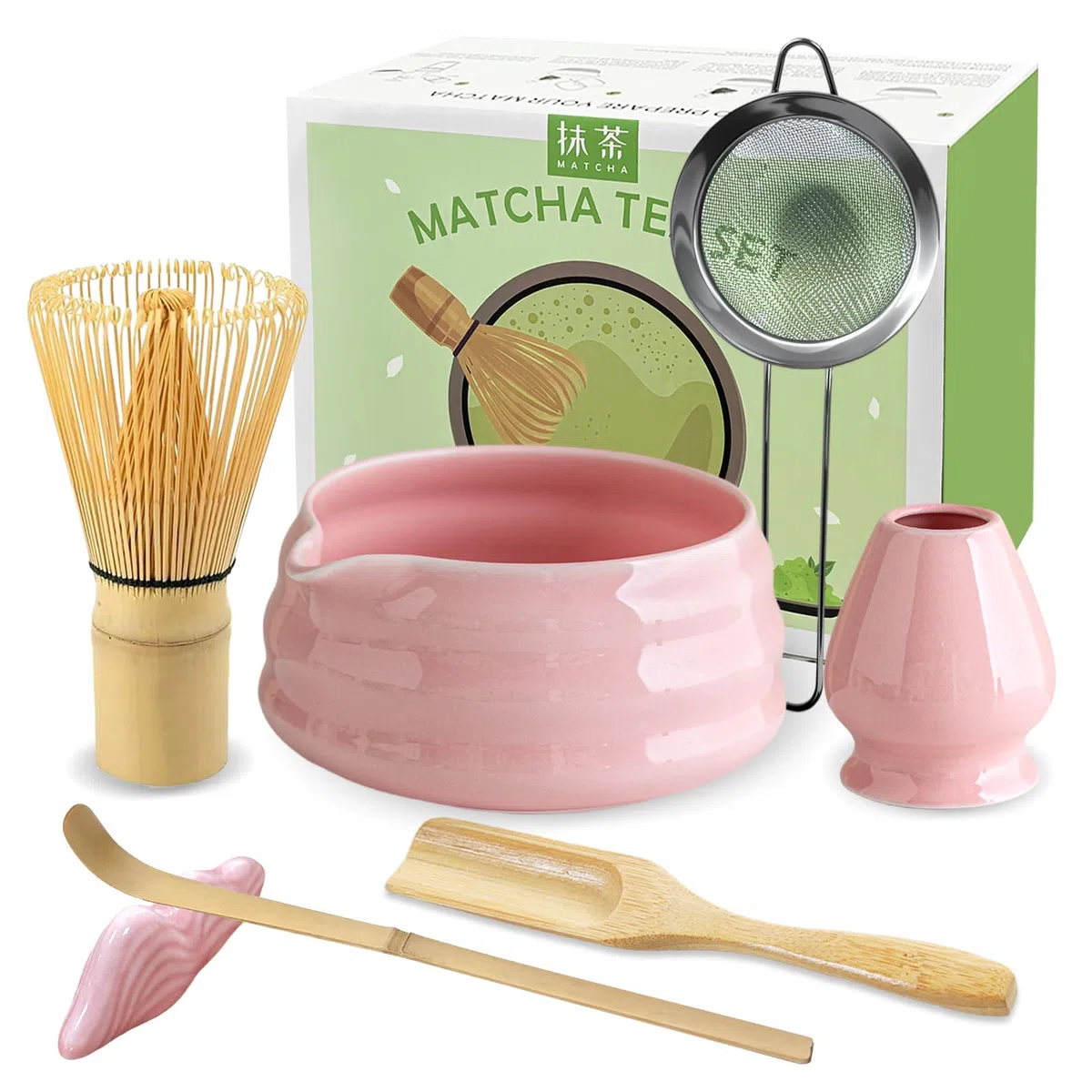 JBER Matcha Besen Set, Matcha Set Rosa 7-Teiliges - Bambus Matcha Besen und Besenhalter, Matcha Schale mit Auslauf, Sieb, Löffel und Halter, Japanisches Matcha Tee Set für Matcha-Liebhaber - Pink