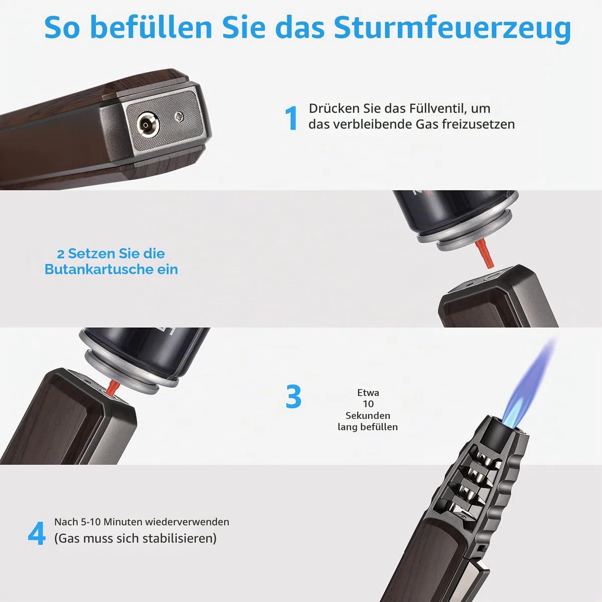 Butan-Feuerzeug, nachfüllbar, für die Küche, Kochfackel, winddicht, verstellbare Flamme, Solarstrahl, Backcreme, Brulee (Butangas nicht im Lieferumfang enthalten) (braun)