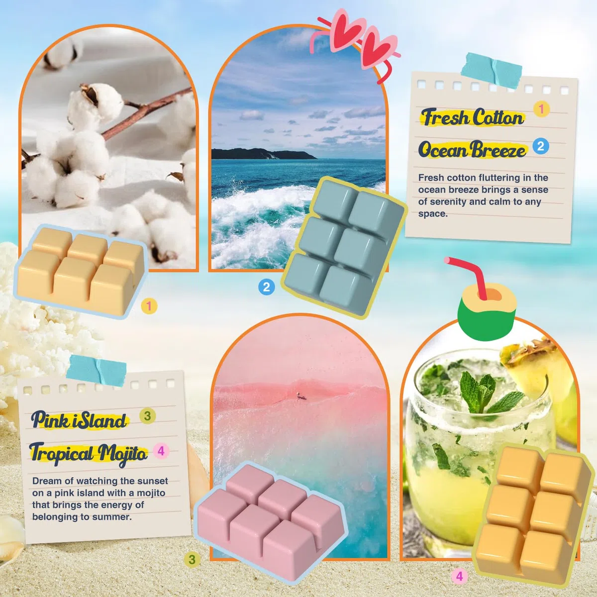 Salubrito Sommer Duftwachs für Duftlampe, Duftwachswürfel Wax Melts für Kerzen Wärmer, 100% Sojawachs Raumduft Duftkerze, Geschenk Set für Sommerferien, 8 Düfte
