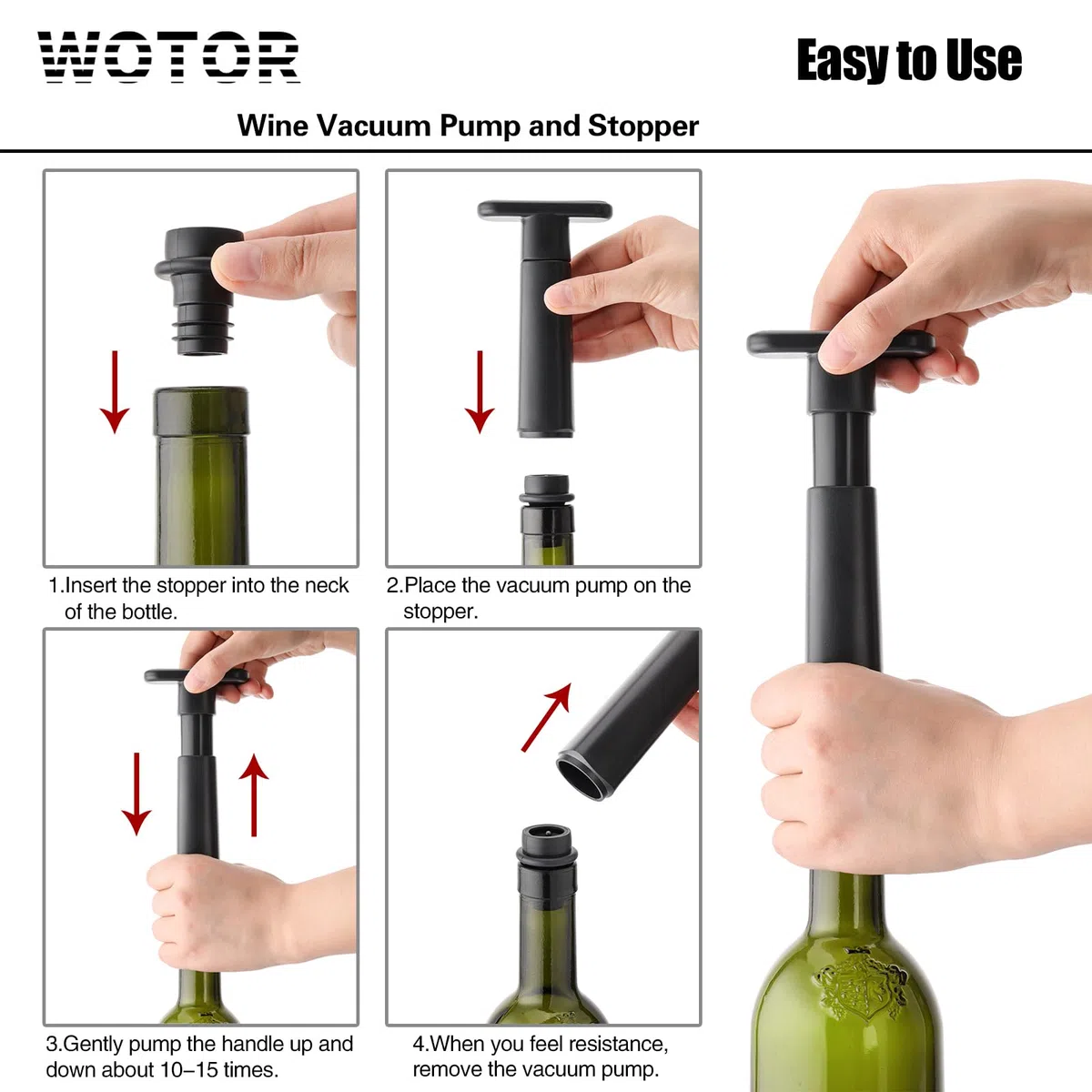 WOTOR Wein Vakuumpumpe mit 4 Stopfen, Weinflaschenverschluss, Weinkonservierer, wiederverwendbarer Weinverschluss hält Wein frisch, ideales Weinzubehör Geschenk (Packung mit 2)
