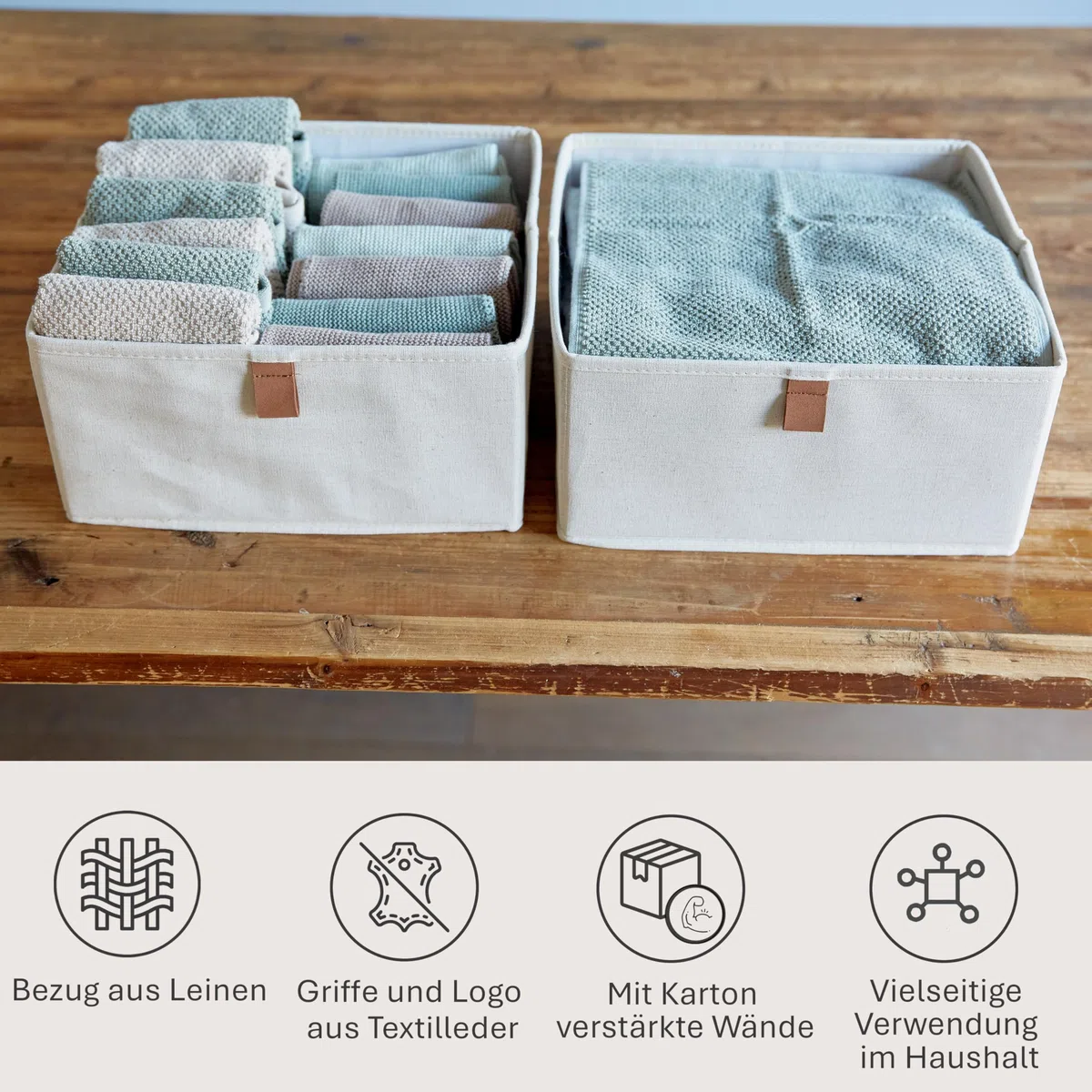 LOVE IT STORE IT Premium Aufbewahrungsbox 2-teilig - Organizer für den Kleiderschrank aus Leinen-Baumwoll-Mix - Verstärkt mit Karton - Set mit zwei großen Boxen - Beige - 30x30x15 cm