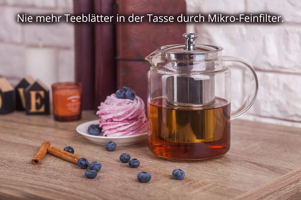 GGC Teekanne/Teezubereiter aus Glas mit Infuser Siebeinsatz (Edelstahlsieb) und Deckel I Glaskanne/Teebereiter ist ideal für Teeservice mit losem Grün- und Schwarz Tee geeignet I 1 Liter Glaskaraffe