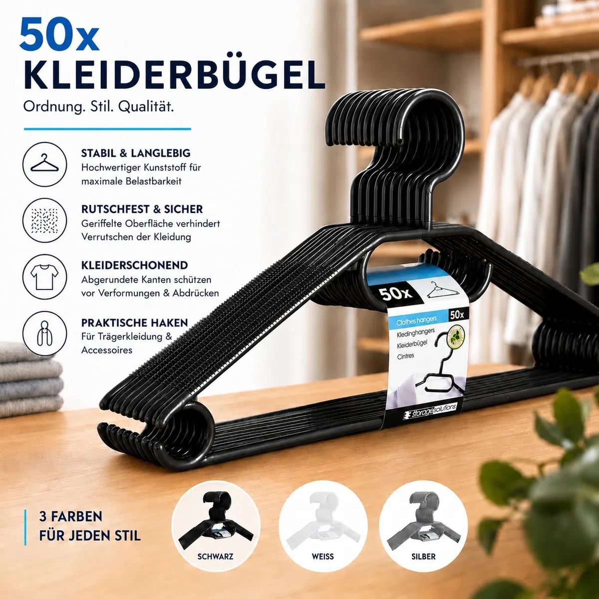50 Kleiderbügel mit 360 Grad drehbaren Haken recycelter Kunststoff Bügel rutschfest in Schwarz, platzsparend, Made in EU & HLKauf-Block
