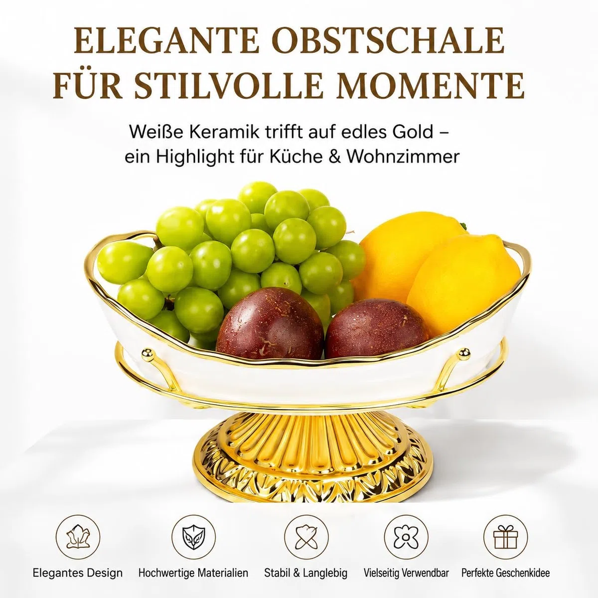 Luxus Obstschale Gold Weiß mit Fuß, Dekorative Keramik Schale, Moderner Obstkorb & Wohnzimmertisch Deko für Küche Esszimmer, Elegante Servierschale & Tischdeko für Obst Snacks Süßigkeiten