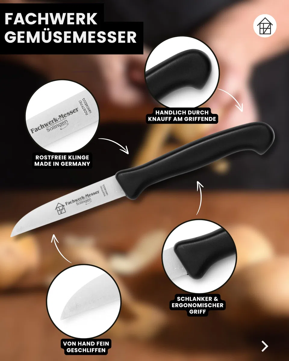 Fachwerk Gemüsemesser 4er Set – Küchenmesser aus Solingen, 7,5 cm Klinge, 2x rot & 2x schwarz – scharfes Schälmesser aus rostfreiem Edelstahl – Qualitätsmesser Made in Germany