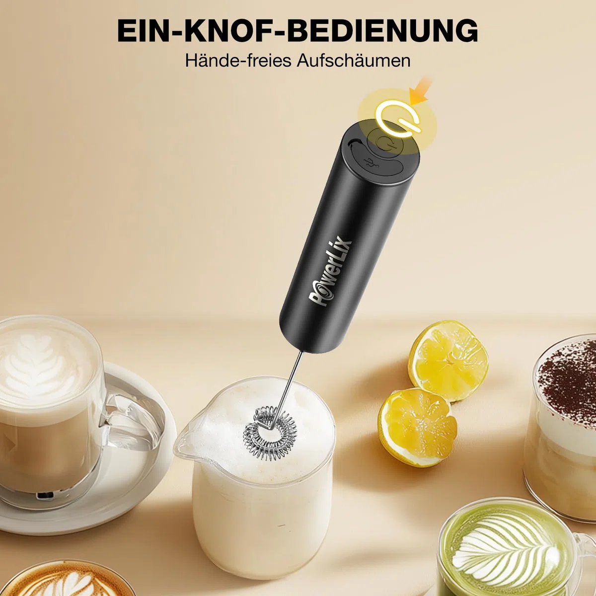 POWERLIX Pro 3-in-1 Handheld Milk Frother Electric - USB-C Rechargeable, 10,000 RPM Quick Whisk, Detachable Heads for Latte/Cappuccino/Egg Whites, Auto-Stop Safety, Portable Barista Tool