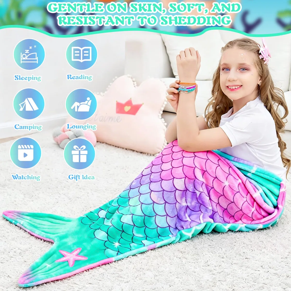 Meerjungfrau Decke, Meerjungfrauen Schwanz Decke mit Haarnadel Armband, Weicher Flanell Tragbare Schwanzdecke für Kinder Geburtstag Weihnachten Geschenk, 140x60cm