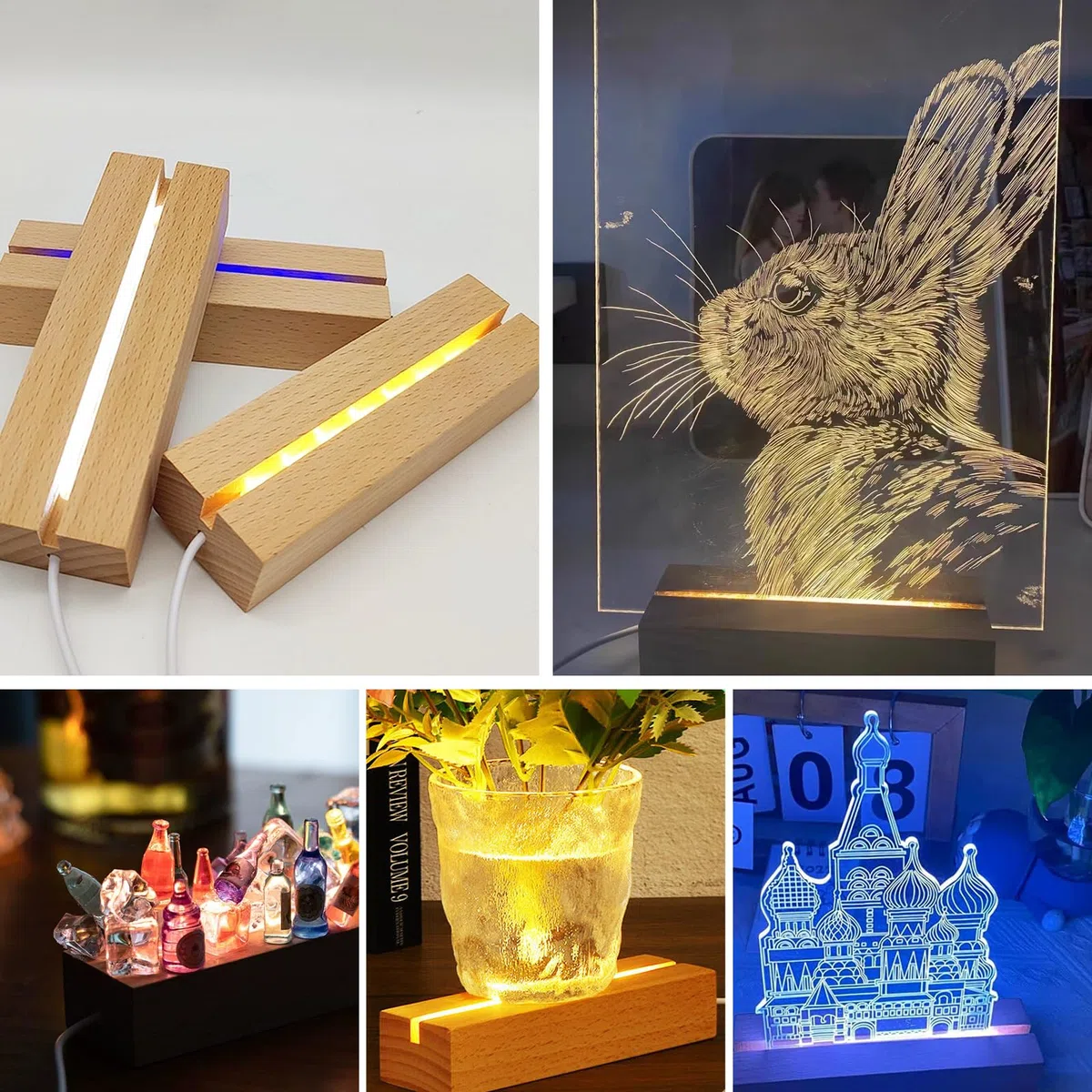 BORDEAG LED Sockel Holz, 4 Stück LED Lichter Display Basis, Lichtsockel Ständer USB, Rechteckige Beleuchteter Holzsockel, Desktop LED Leuchten Sockel Für Acrylplatten Kristallkunst Glasplatte-Bunt