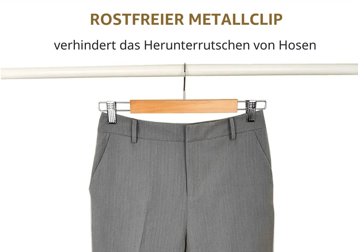 Amber Home 10 Stück 36cm Natürliche Kleiderbügel aus Holz, Robust und Glänzend Hosenbügel Aufhänger für Hosen Shorts Rock Socken Unterwäsche, mit rutschfest Clips und Drehbar Haken