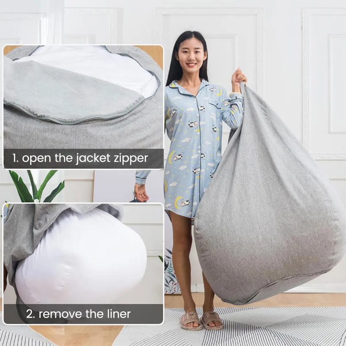 Sitzsack-Innenfutter für Sitzsack, Stuhl, faules Sofa, einfache Reinigung, herausnehmbarer Ersatzstrumpf mit Reißverschluss, kein Füllstoff für Wohnzimmer, Schlafzimmer, Spielzimmer, 100 x