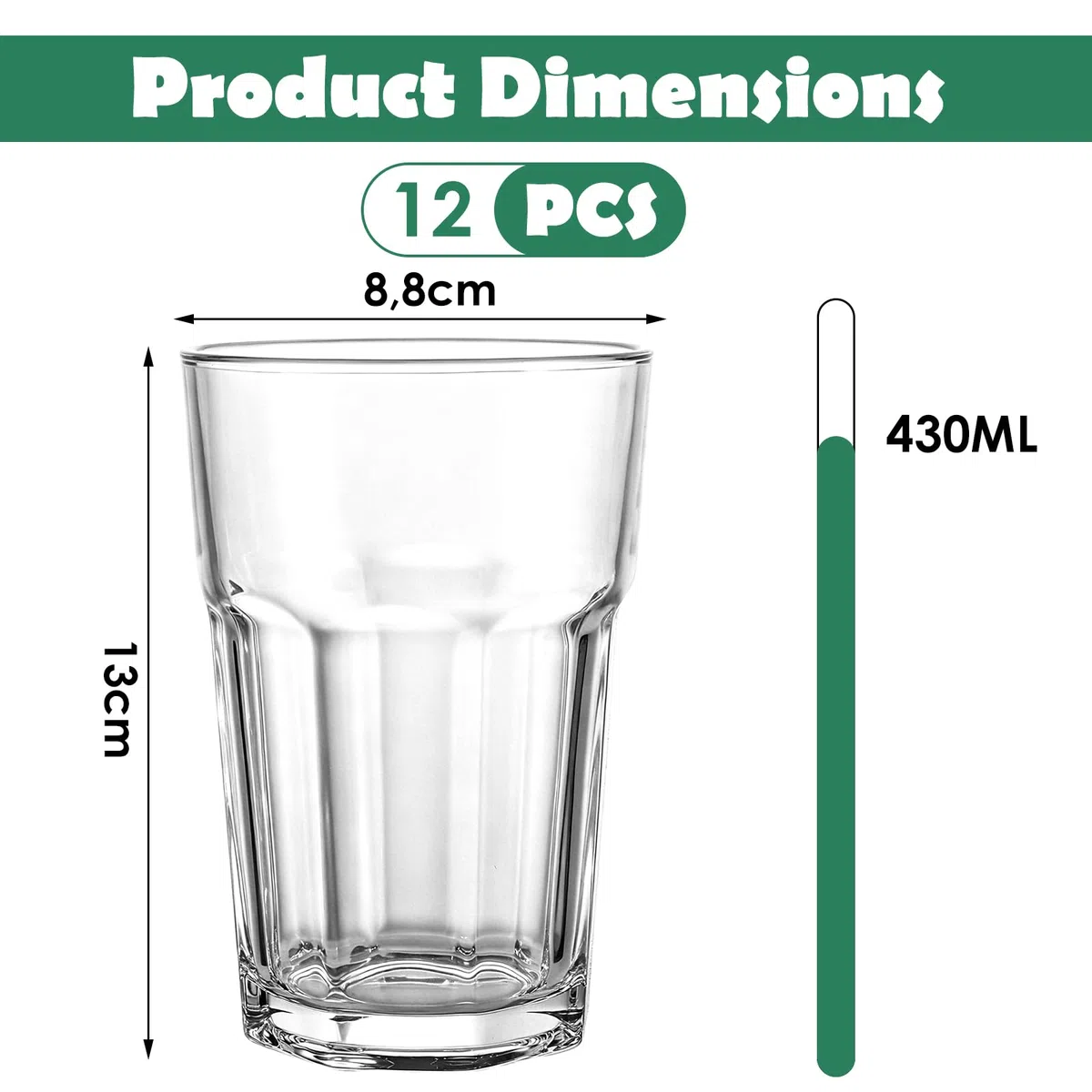 12 Stück Cocktailgläser Set, Trinkgläser Set 430 ml aus Transparentem Bleifreiem Glas, Longdrinkgläser und Biergläser für Wasser, Saft, Eiskaffee, Hausbar und Party