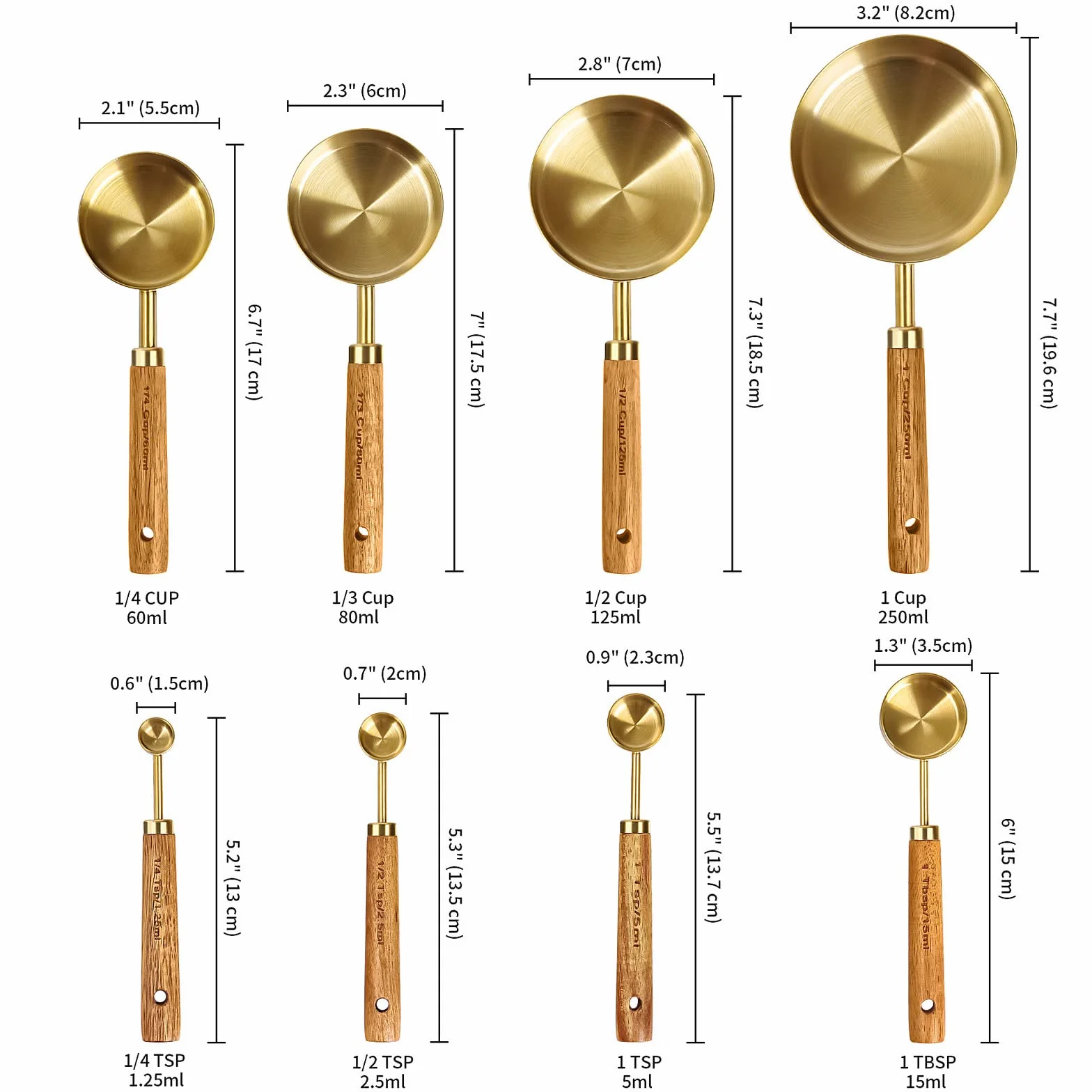 Cuteefun Messbecher und MesslöFfel, 8 Stück, Holzgriff, Mit Metrischen und US MaßEn, Premium Edelstahl, Gold Poliert, Trockener & FlüSsiger Messbecher, Zum Kochen und Backen
