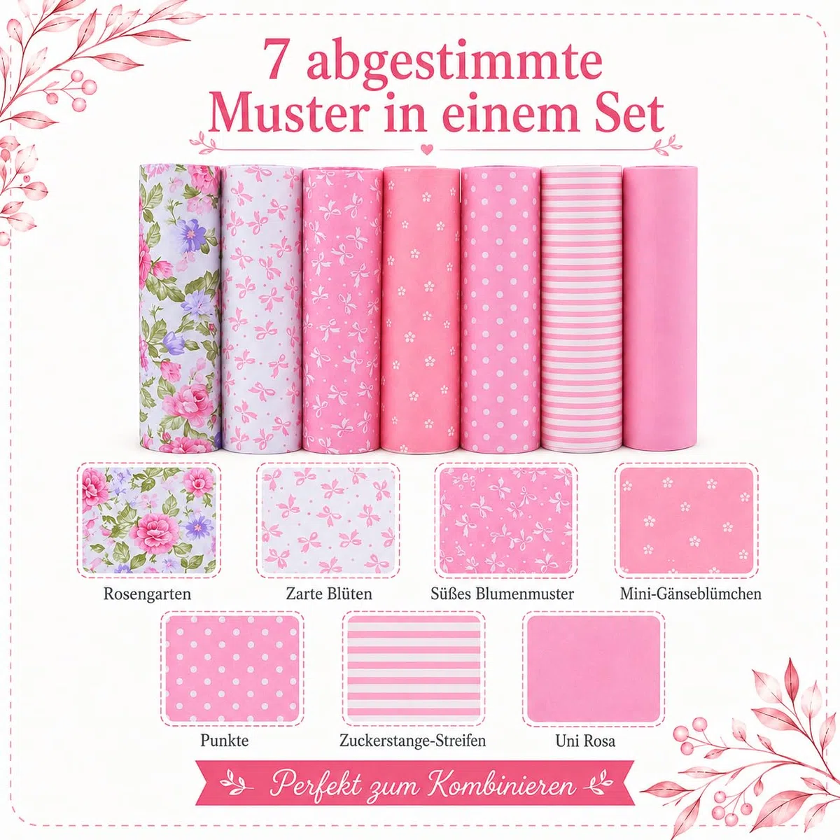 Patchwork Stoffe Paket – 7 Stück 40×50 cm – 100% Baumwolle Stoffe – Fat Quarter Stoffpaket Rosa Punkte & Blumen – Baumwollstoff für Nähen, Quilten, Patchwork, Basteln, DIY Projekte