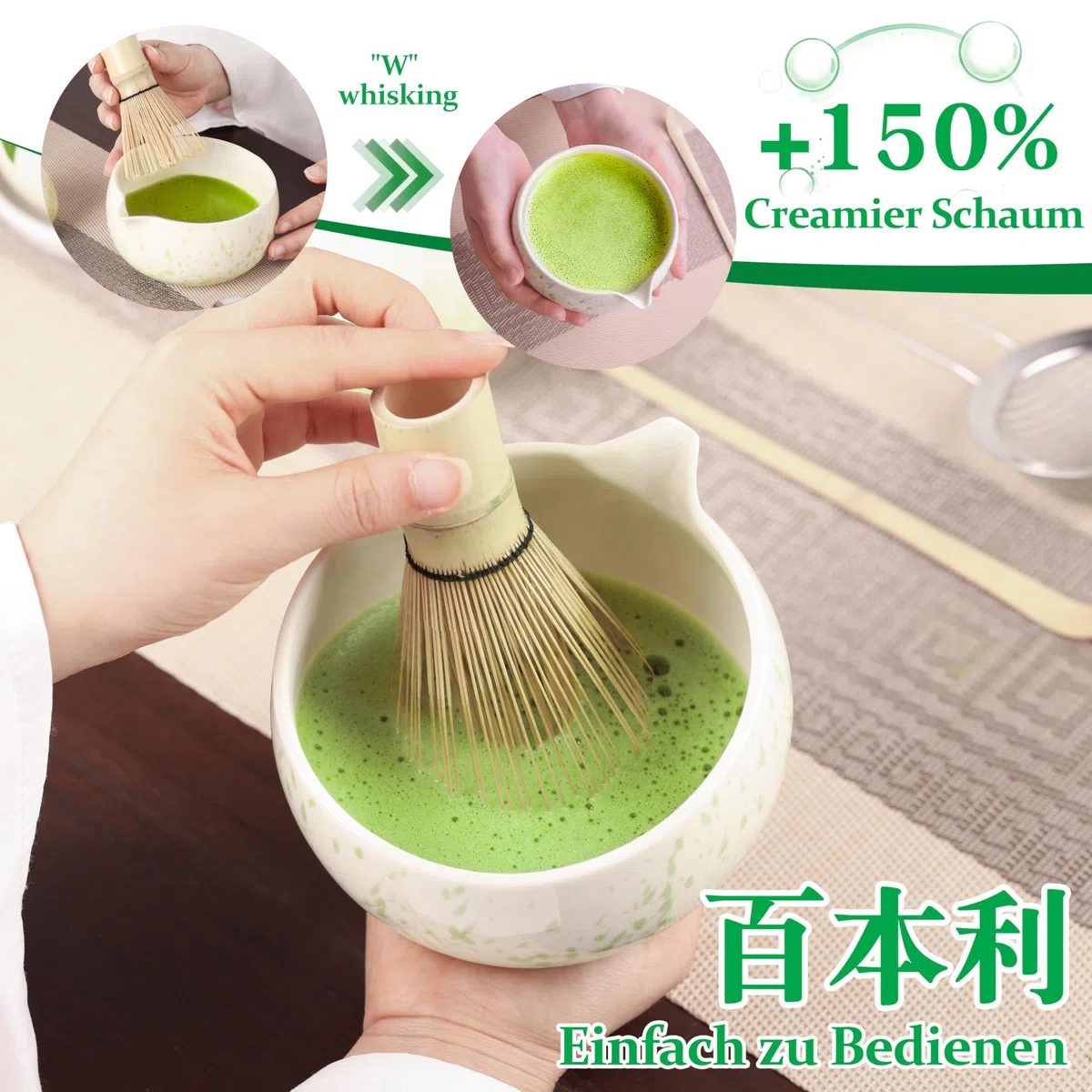 Matcha Set Beige Grün, 5-teiliges Matcha Besen Set,Premium Starter Set für Anfänger, Matcha Tee Set mit Sieb Chawan und Besen, Zubehör für das Matcha Tea Set Green/Rosa/Pink/Black