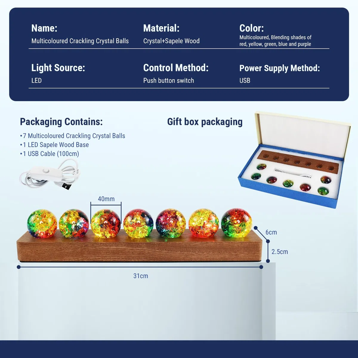LOSCHEN 7 Bunte Crackle-Kugeln mit LED-Sapele-Holzsockel, dekorative Eiskrackle-Kugeln mit positiver Energie, Set mit natürlichen Heilkugeln für Zuhause, Yoga, Meditation und Geschenke